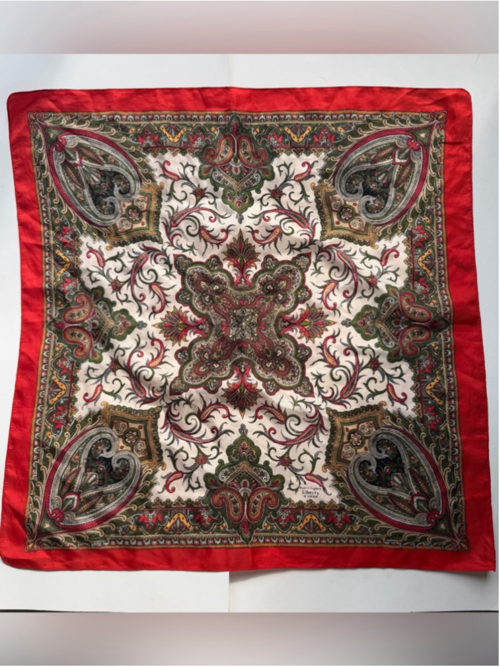 Vintage Liberty of London Silk Scarf Red Cream Green Paisley Made in England - Picture 2 of 6